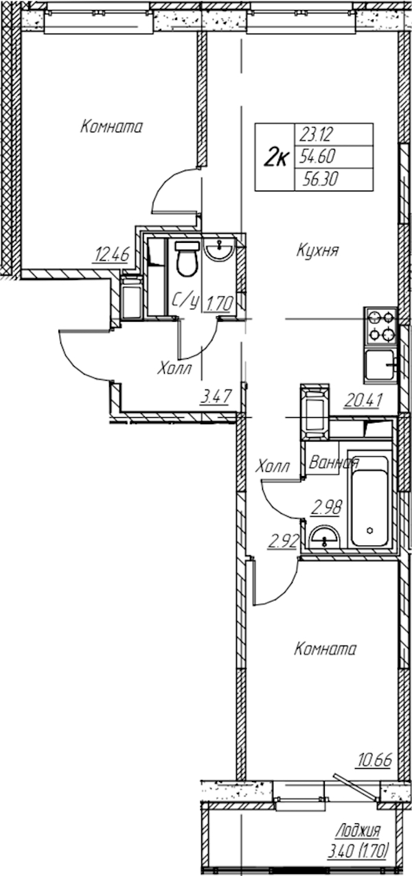 2-комнатная квартира 56.3 м², 17/22 эт., ЖК «Парк-квартал Юнтолово»